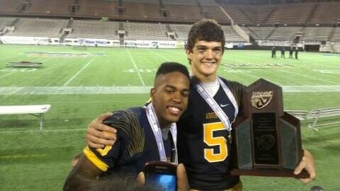 John O'Korn and Fred Coppet celebrate winning the Florida 7A State Championship at the Citrus Bowl in Orlando, FL.