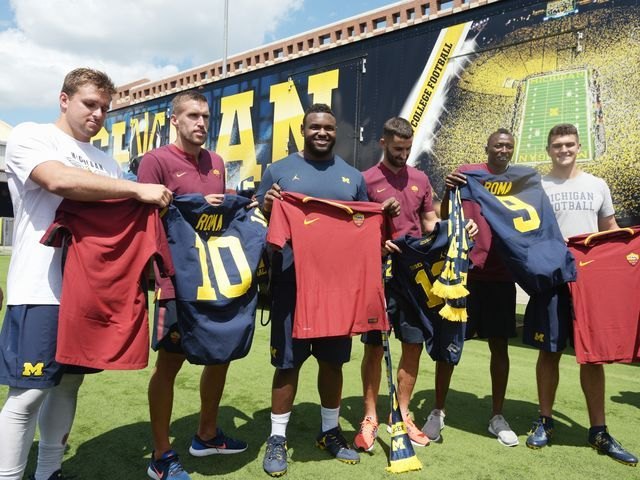 John O'Korn and Michigan teammates exchange jerseys with AS Roma in Ann Arbor, MI.